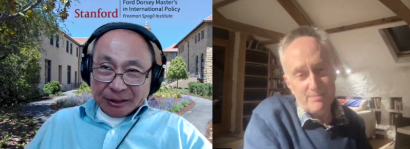 A Zoom screenshot of Sir Michael Barber with moderator and Director of the Susan Ford Dorsey Master's in International Policy Francis Fukuyama.