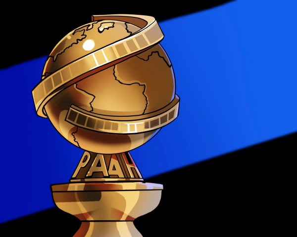 A Golden Globe award in front of a blue and black background.