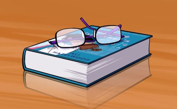 A graphic depicting the book with a pair of glasses sitting on top of the book.