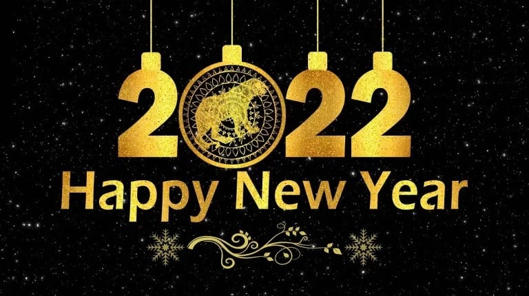 golden text reading "2022 Happy New Year" with a tiger within the 0 character of 2022