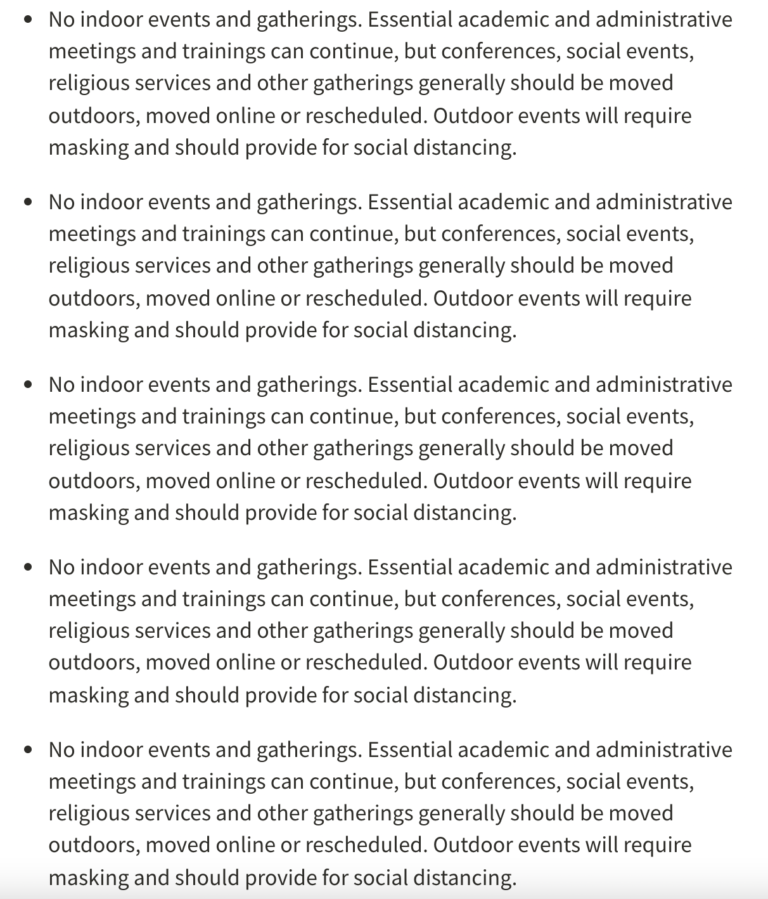 A block of text explaining that there will be no indoor events and gatherings, repeated five times.