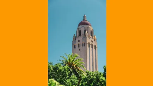 Photo of Hoover Tower with orange margins.