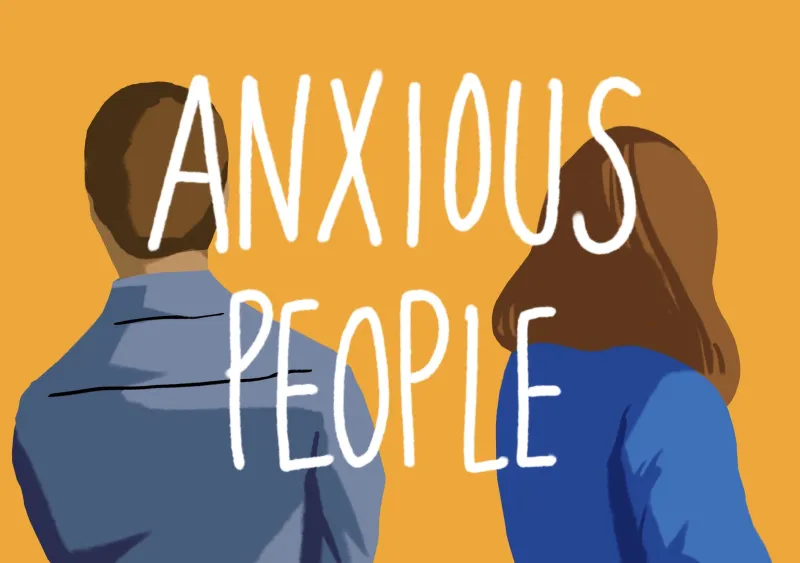 Two people stand with their backs facing each other against an orange background. The words "Anxious People" overlays the background.