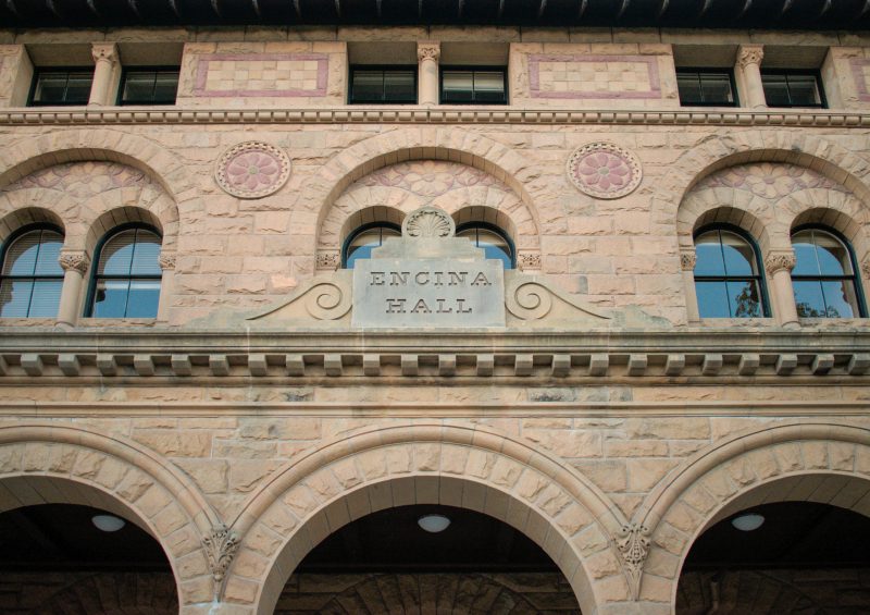 close up shot of front of encina hall and archways