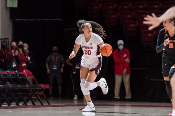 Stanford junior guard Haley Jones surveys the defense as she dribbles the ball up the court.