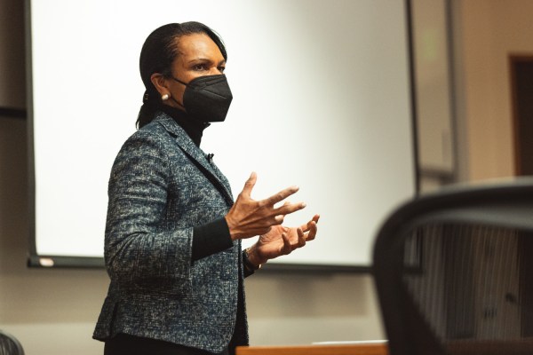 Condoleezza Rice speaks about the Hoover Institution during a Faculty Senate meeting