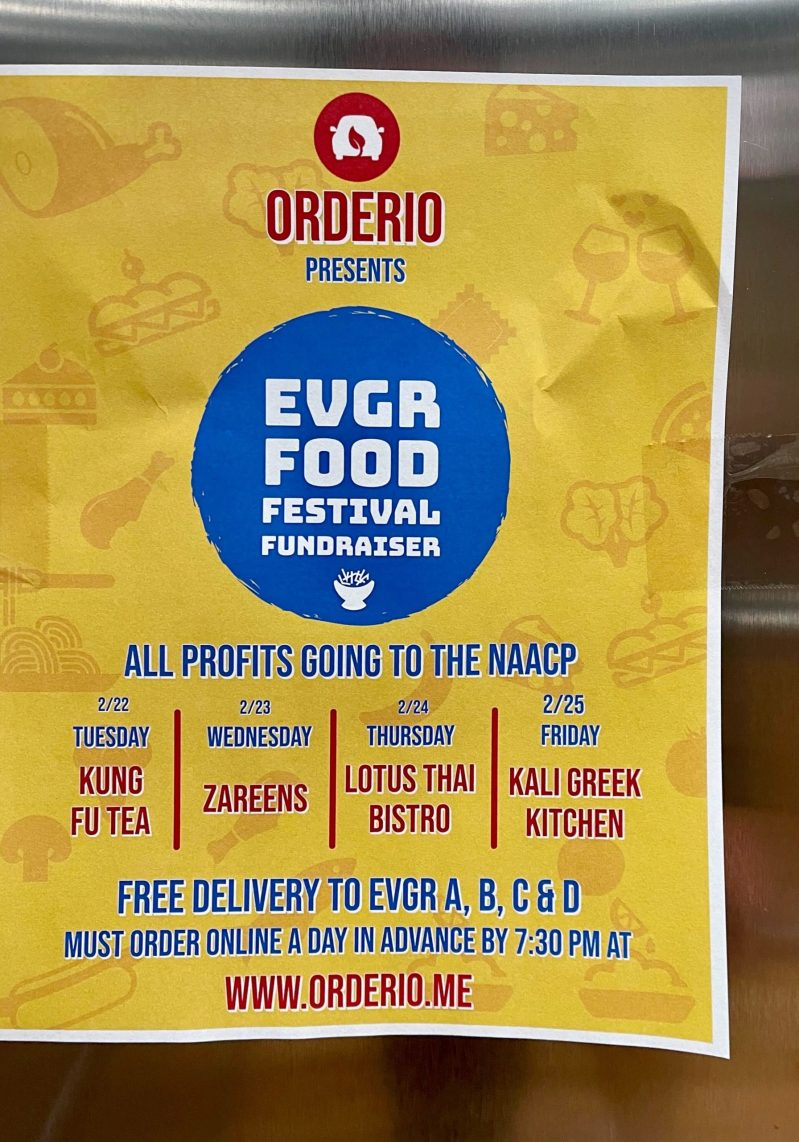 A yellow poster from Orderio that describes its EVGR Food Festival Fundraiser. The Poster includes a calendar of restaurants that the start-up will deliver on certain days.