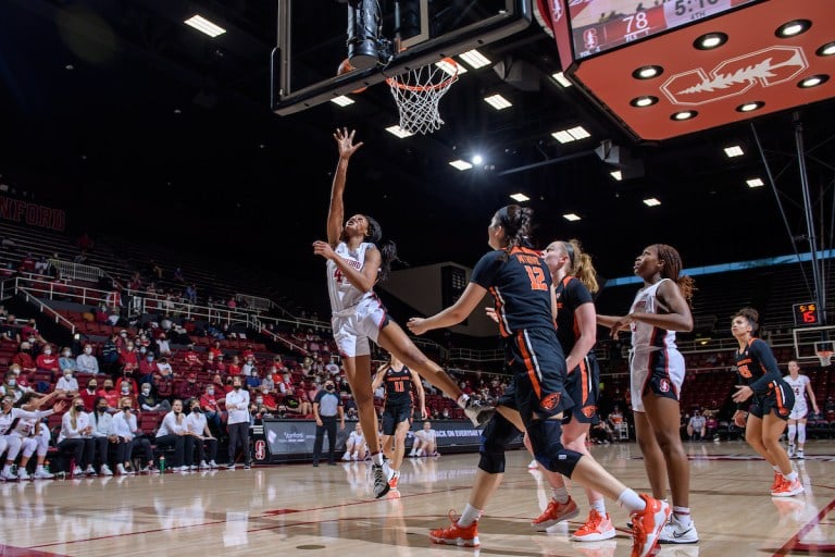 Freshman forward Kiki Iriafen shoots a layup.