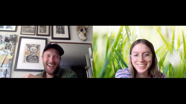 Screenshot of a Zoom room with 2 participants--Peter Mann and interviewer Carly Taylor