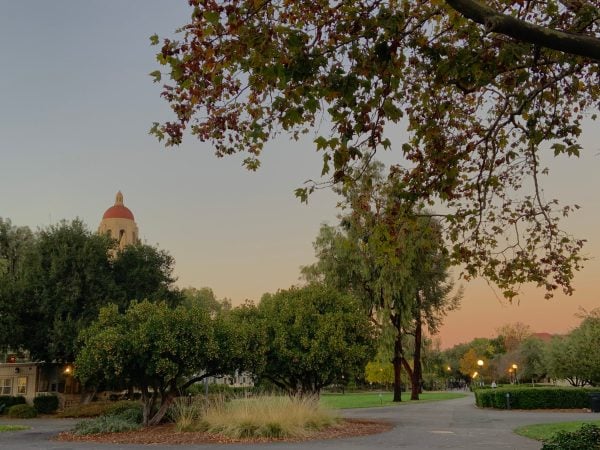 Several green and red-leaved trees in front of a blue-orange sky with Hoover Tower in the background.