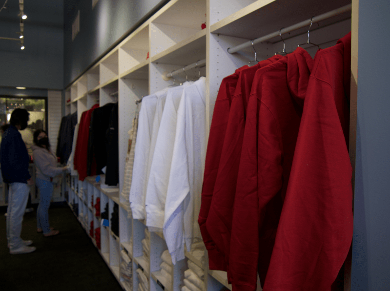 Red and white clothes hanging up.