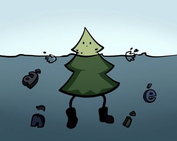 A cartoon tree floating in a pool of water and surrounded by Spanish letters.