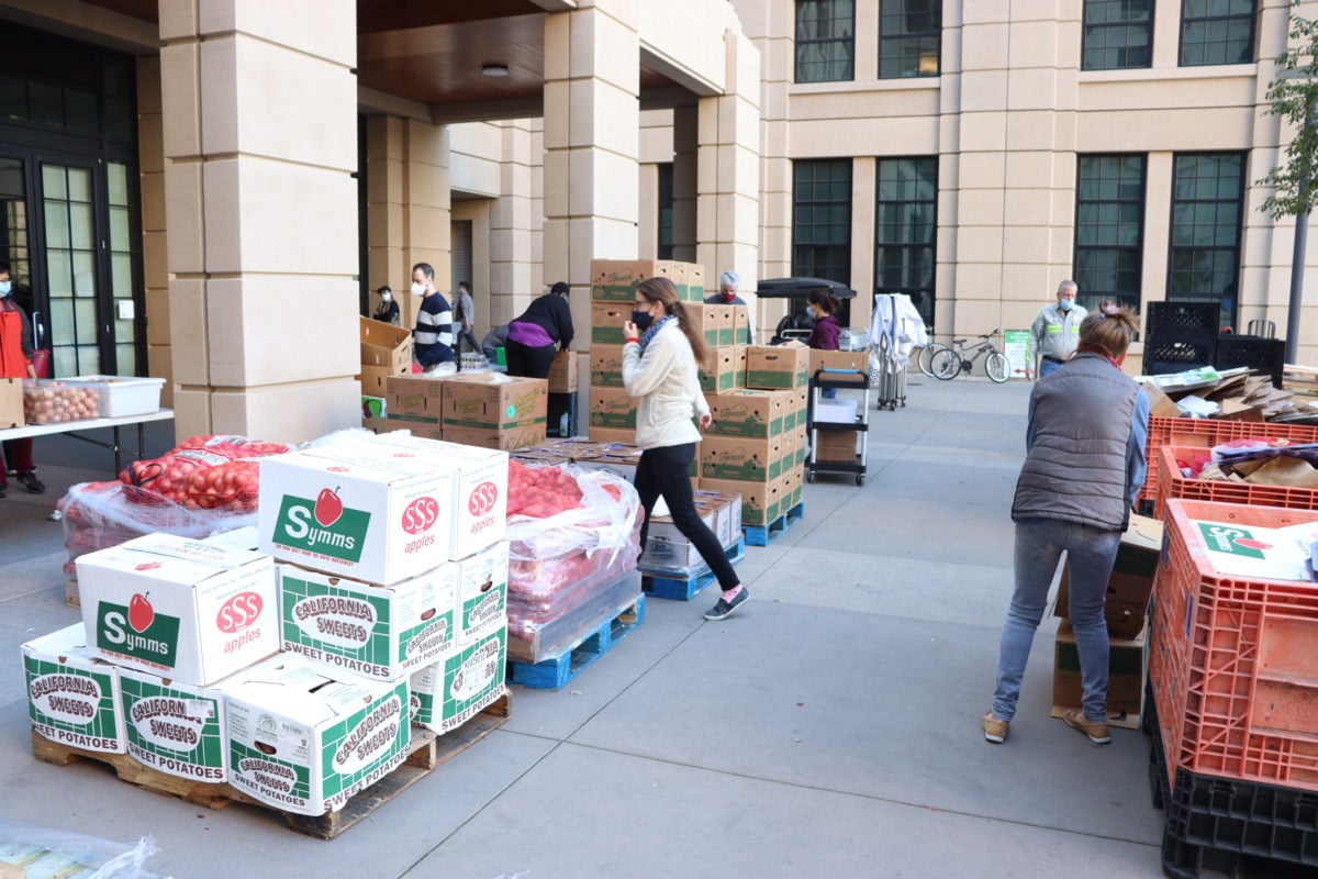 Over 40 boxes of varying sizes and contents stacked on pallets, with people walking amongst them to distribute food. 