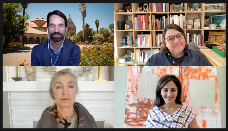 Screenshot of the event's Zoom meeting, including Interim Senior Associate Vice President for the Arts Matthew Tiews; Catherine Opie; Komal Shah; and Rebecca Solnit.