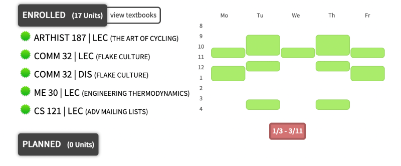 simpleEnroll course calendar showing ARTHIST 187: The art of cycling, COMM 32: Flake Culture, ME 30: Engineering Thermodynamics, and CS 121: advanced mailing lists