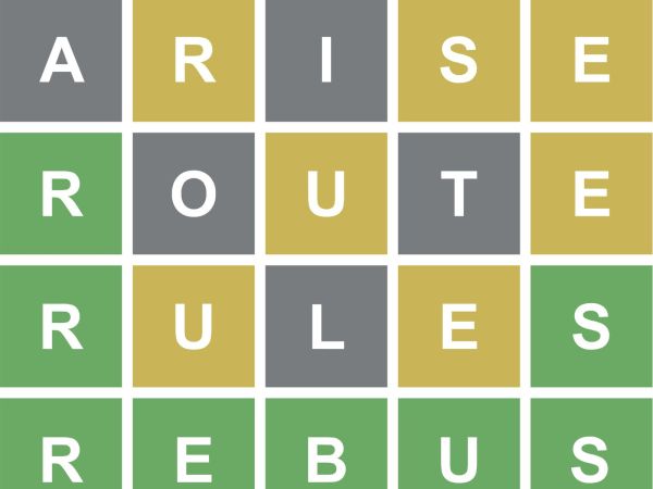 Wordle grid with green, yellow, and gray squares throughout. The first row spells "arise," the second "route," the third "rules" and the fourth "rebus."
