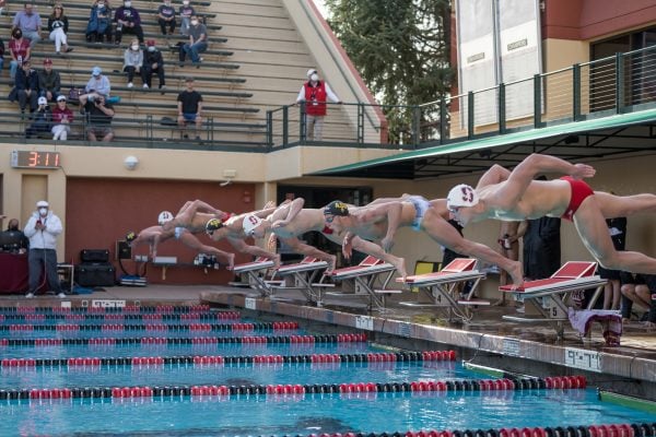 Men's swimmers dive into the water at the beginning of their event.