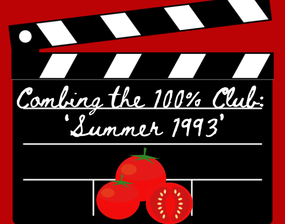 A movie sign that says "Combing the 100% Club: 'Summer 1993' with tomatoes underneath.