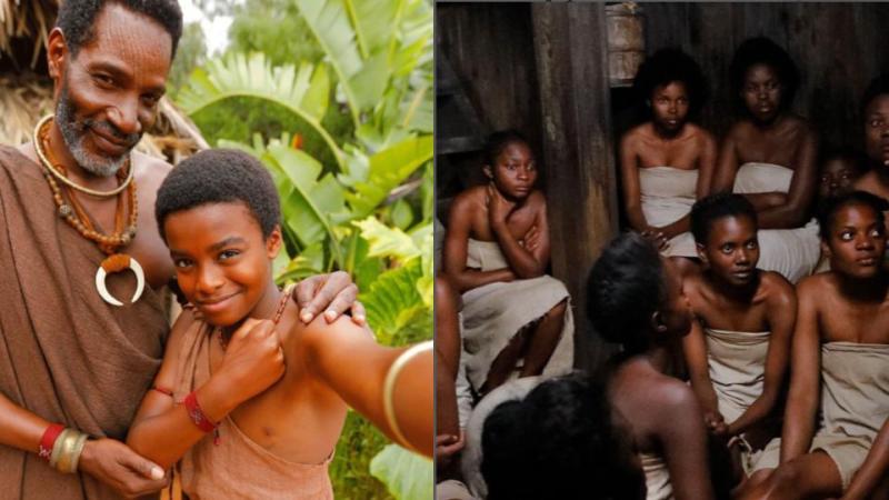 Two shots from the Instagram short film; one features the boy at a village and the other is darker, portraying captured Black people.