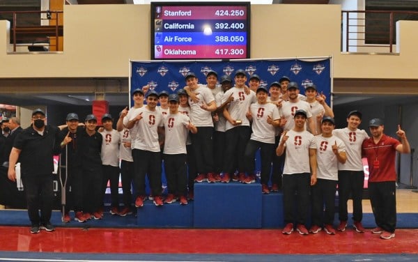 Stanford men's gymnastics celebrates its MPSF Championship on the podium..