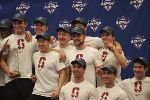 Stanford men's gymnastics poses for photos after its MPSF victory.