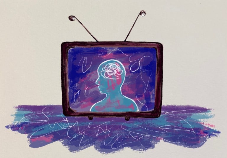 A graphic of an old fashioned TV with a person inside.