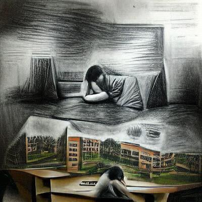 A student sits slumped over his desk with his hands covering his face. Dark shadows surround the student, but he is also surrounded by buildings on Stanford University's campus.