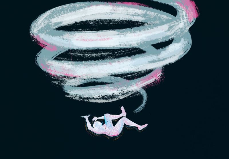 drawing of a person falling on a dark background, above them is a tornado of blue and pink