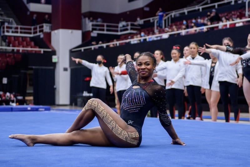 Fifth-year Kyla Bryant executes the choreography during her floor routine.