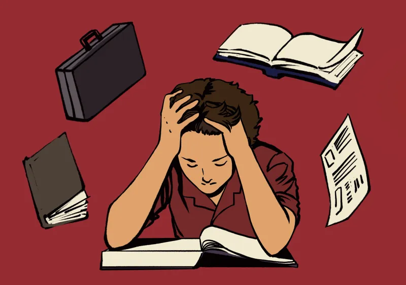 drawing of a student holding his head reading a book
