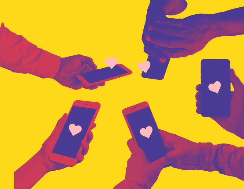 graphic of hands holding iphones, with hearts drawn on the iphone screen