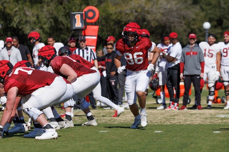 Freshman tight end Sam Roush at a spring practice.