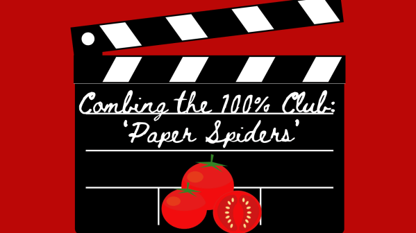 A graphic with tomatoes and a movie board that says "Combing the 100% Club - 'Paper Spiders'"