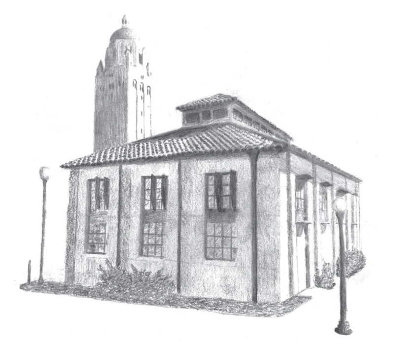 Pencil sketch of The Stanford Daily office building, with Hoover Tower in the background.