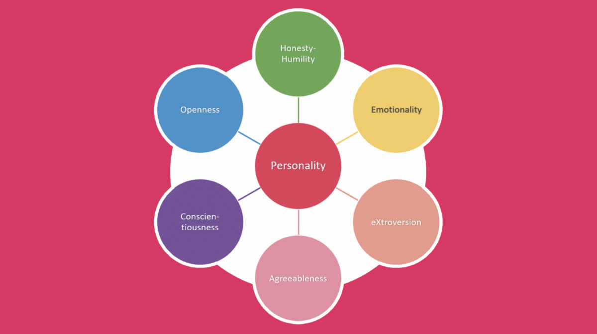 A chart showing openness, honest, emotionality, extraversion, agreeableness, conscientiousness, and openness connected to personality.