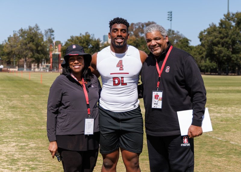 Thomas Booker smiles for a photo at Stanford Football Pro Day