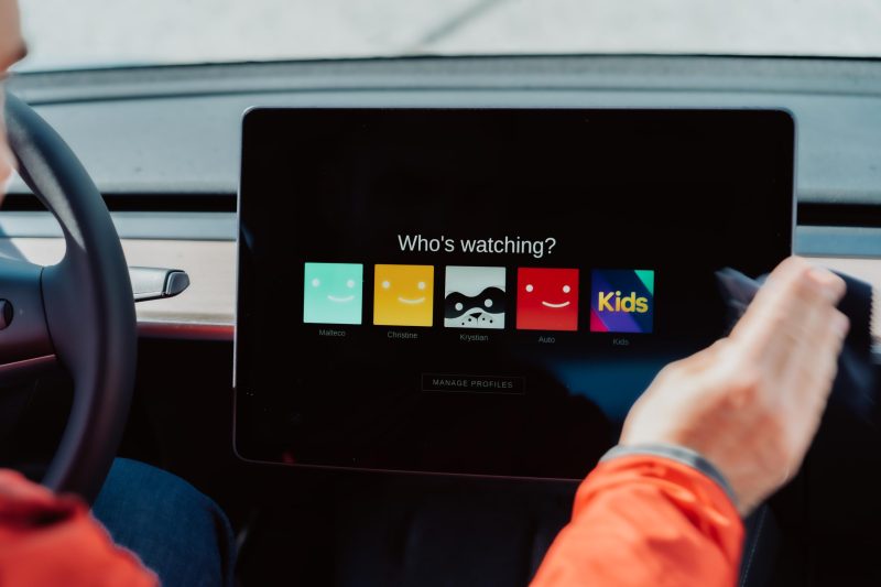 the opening screen of netflix on a car monitor asking 'who's watching?'