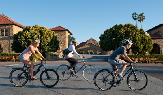 Bikers in front of Stanford's Memorial Church.