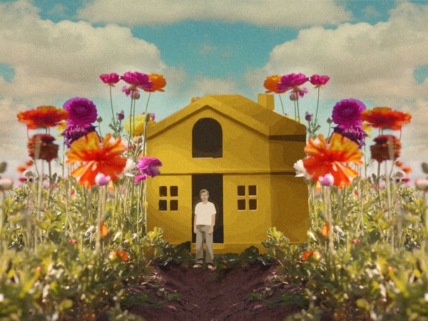 A yellow house with a stylized Harry Styles standing out front sits in a field of flowers.
