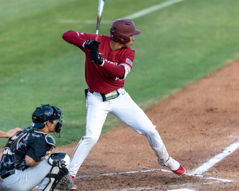 Sophomore third baseman Drew Bowser takes his stance.