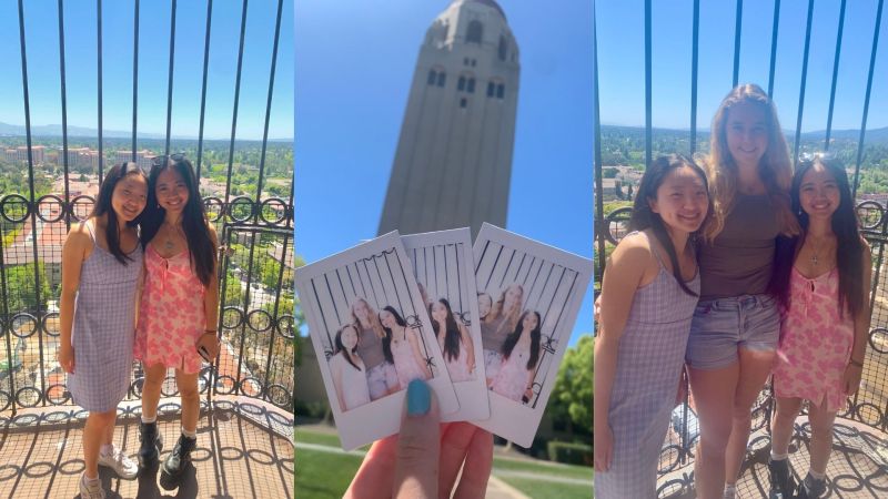 Three photos of the author on the Hoover Tower observation deck.