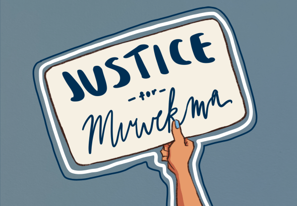 A hand holds a sign that says "Justice for Muwekma"
