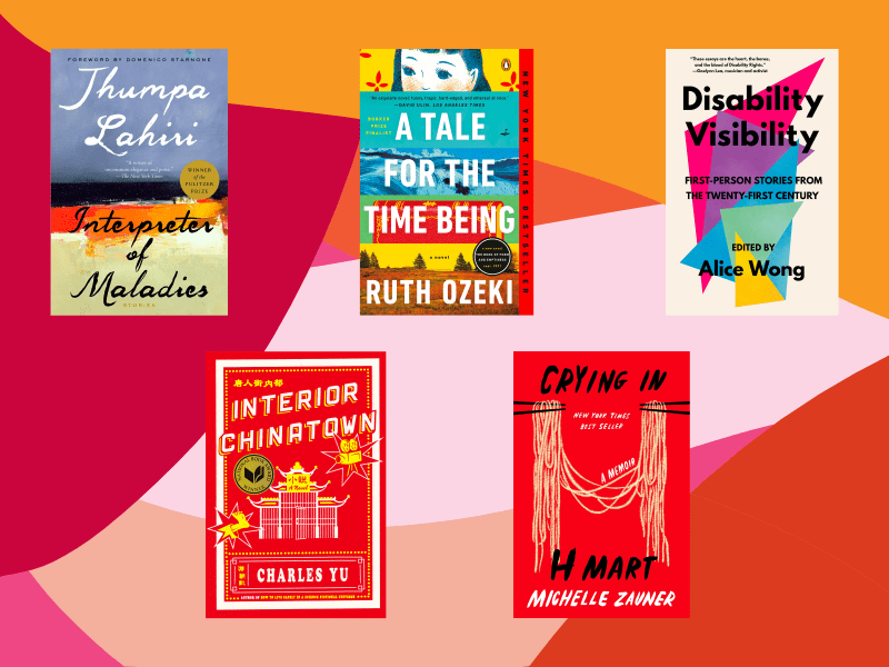 A multi-colored background of orange, pink, and red with five book covers in the foreground.