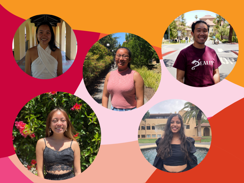 Red, orange, and pink banner with images of five AAPI students in circles.