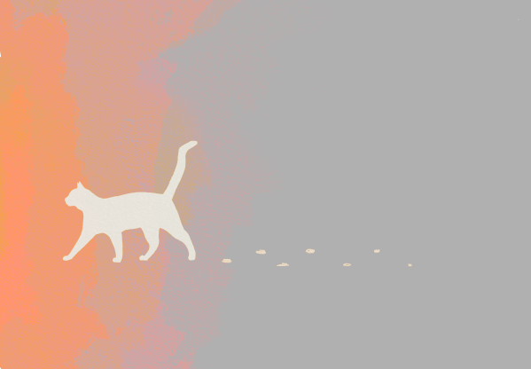 White silhouette of a cat walking across an illustrated gradient that goes from orange to grey