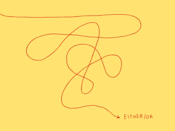 A red curved arrow pointing to "Either Or" against a yellow background