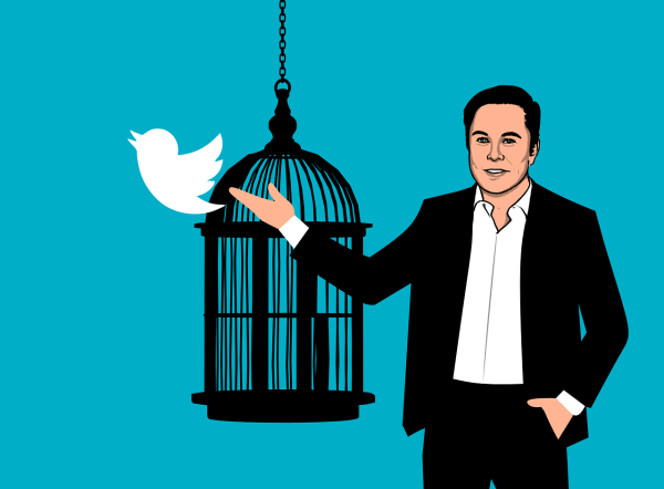 A graphic image of Elon Musk in a suit opening a bird cage. The Twitter icon, which is a white bird, is flying out of the cage.