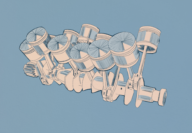 sketch of the pistons of a V12 engine on a blue background
