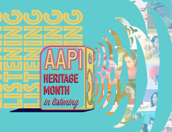 A speaker with the words "AAPI HERITAGE MONTH in listening" emanates sound waves with pictures of artists such as Olivia Rodrigo and Conan Gray