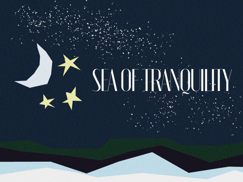 A crescent moon and stars against a blue background. "Sea of Tranquility" is in white letters.